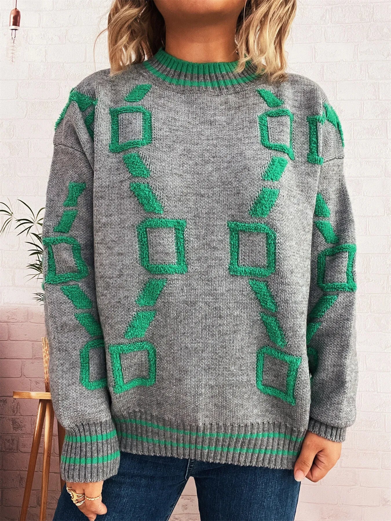 Contrast Round Neck Long Sleeve Sweater designed for comfort and style at Lookzlike