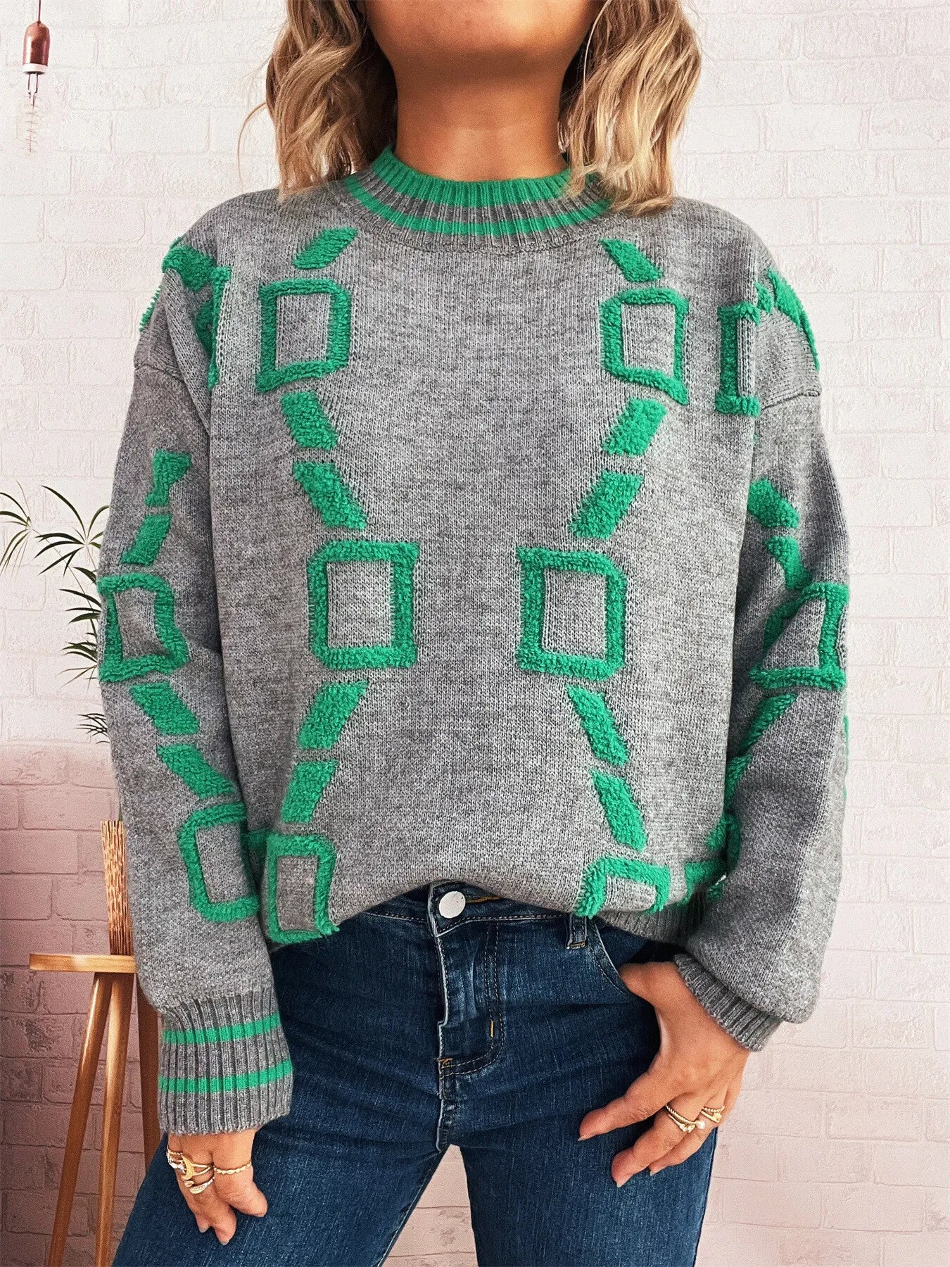 Contrast Round Neck Long Sleeve Sweater designed for comfort and style at Lookzlike