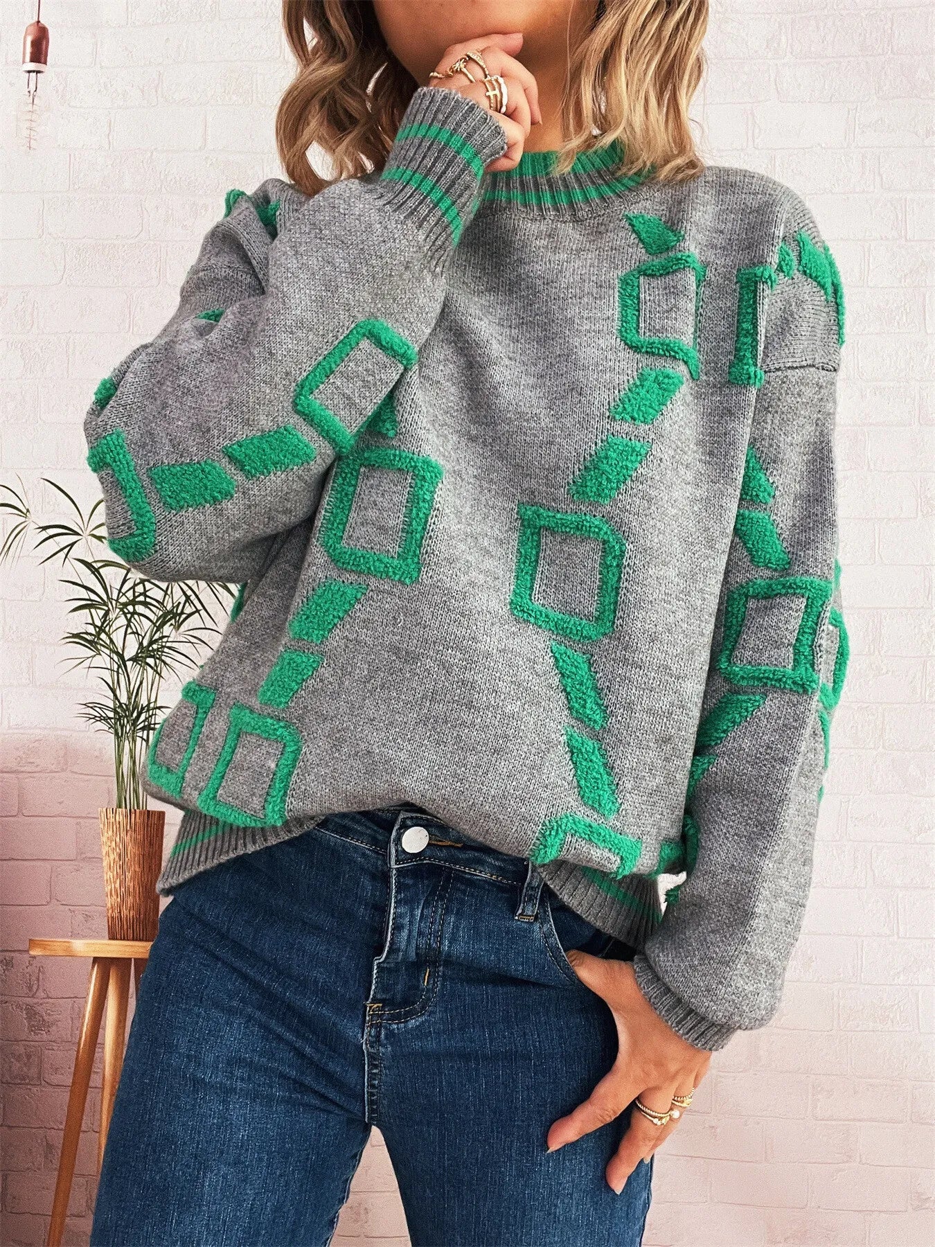 Contrast Round Neck Long Sleeve Sweater designed for comfort and style at Lookzlike