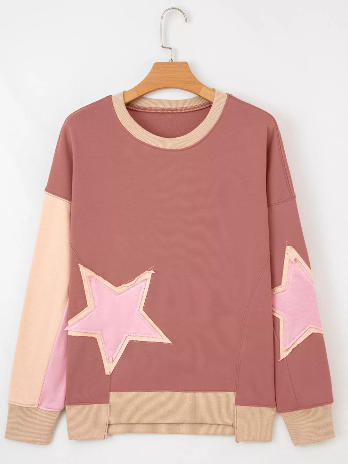 Contrast Star Patchwork Exposed Seam Uneven Hem Drop Shoulder Sweatshirt designed for comfort and style at Lookzlike