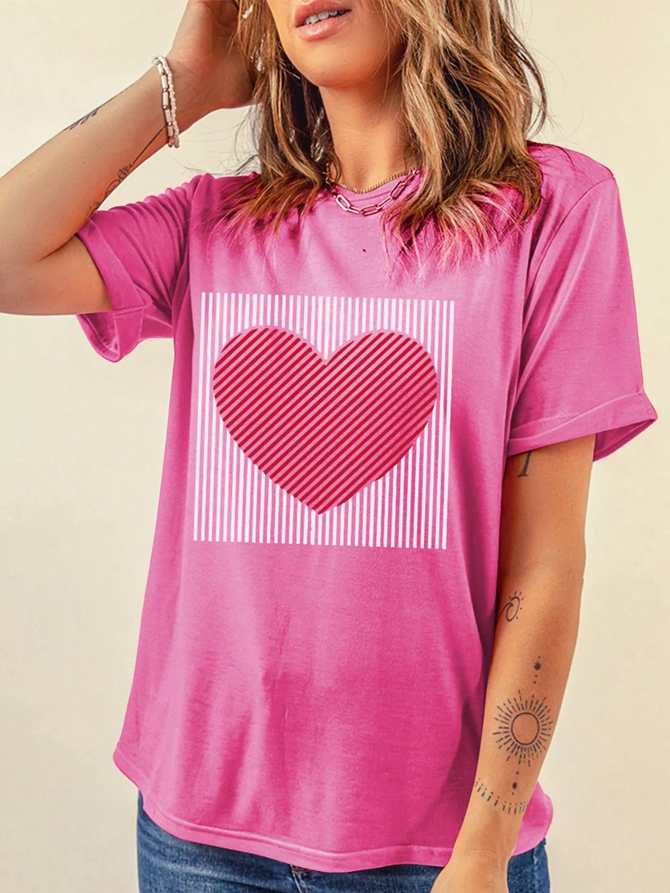 Contrast Striped Heart Printed Valentines Day T Shirt designed for comfort and style at Lookzlike
