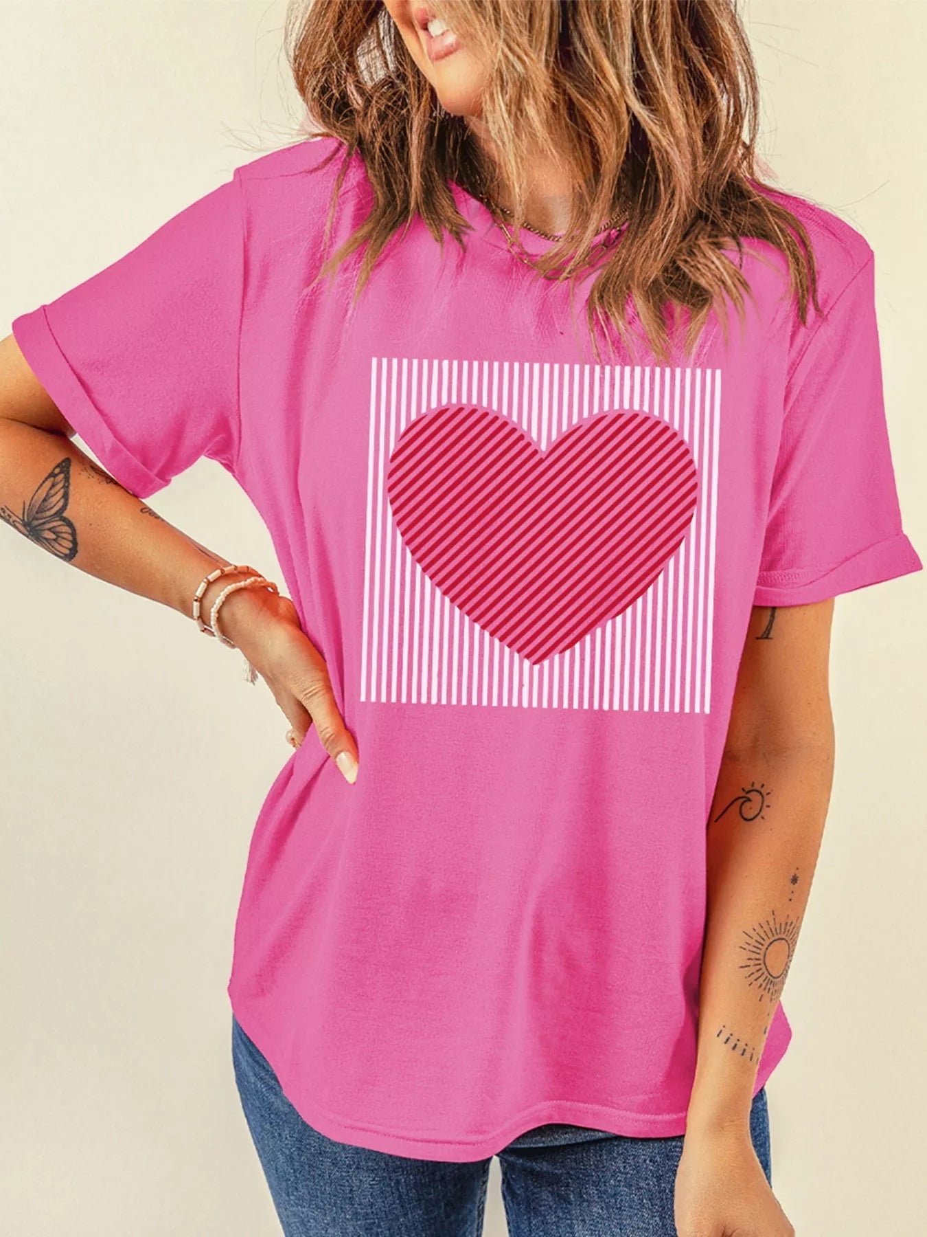 Contrast Striped Heart Printed Valentines Day T Shirt designed for comfort and style at Lookzlike