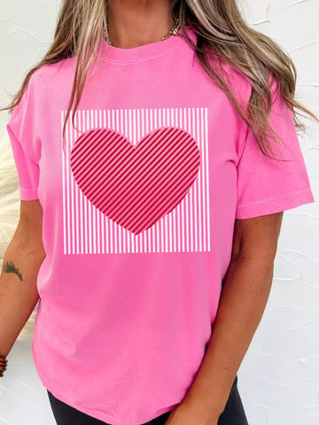 Contrast Striped Heart Printed Valentines Day T Shirt designed for comfort and style at Lookzlike