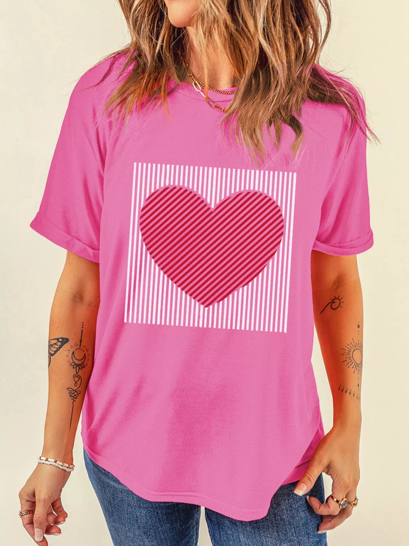 Contrast Striped Heart Printed Valentines Day T Shirt designed for comfort and style at Lookzlike