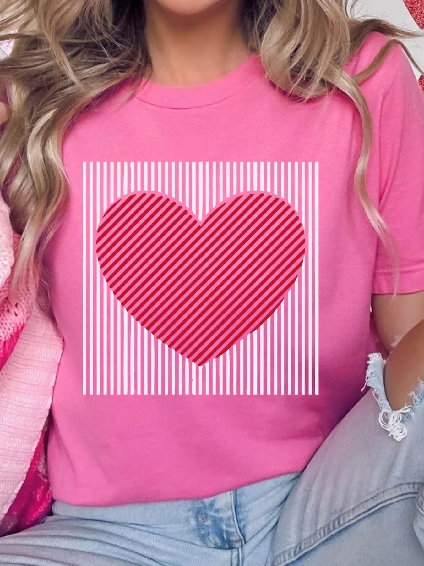 Contrast Striped Heart Printed Valentines Day T Shirt designed for comfort and style at Lookzlike