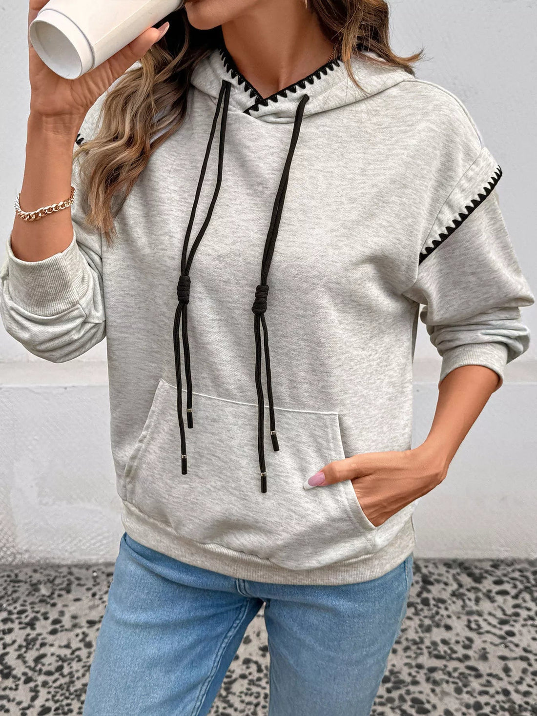 Contrast Trim Drawstring Hoodie with Kangaroo Pocket designed for comfort and style at Lookzlike