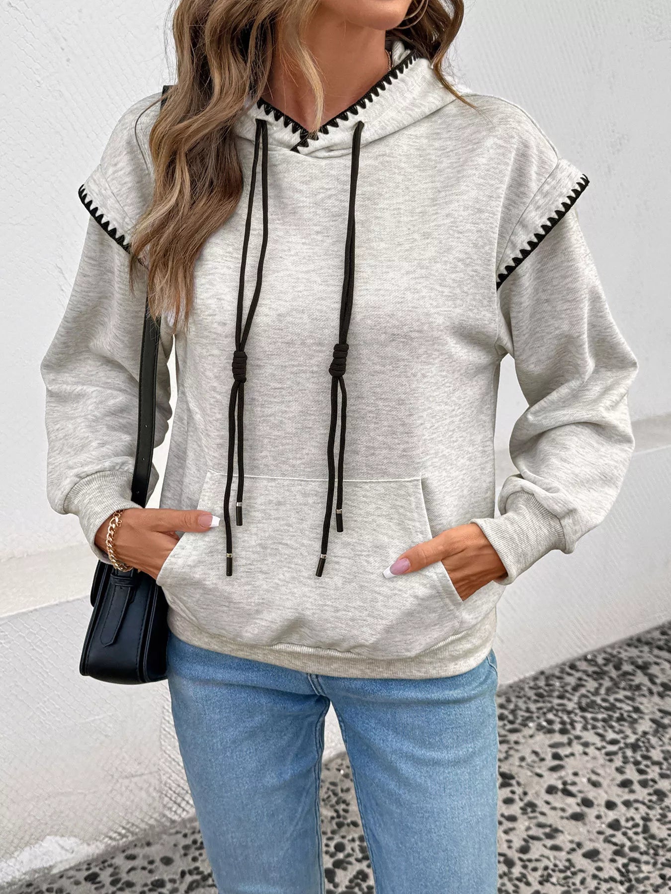 Contrast Trim Drawstring Hoodie with Kangaroo Pocket designed for comfort and style at Lookzlike