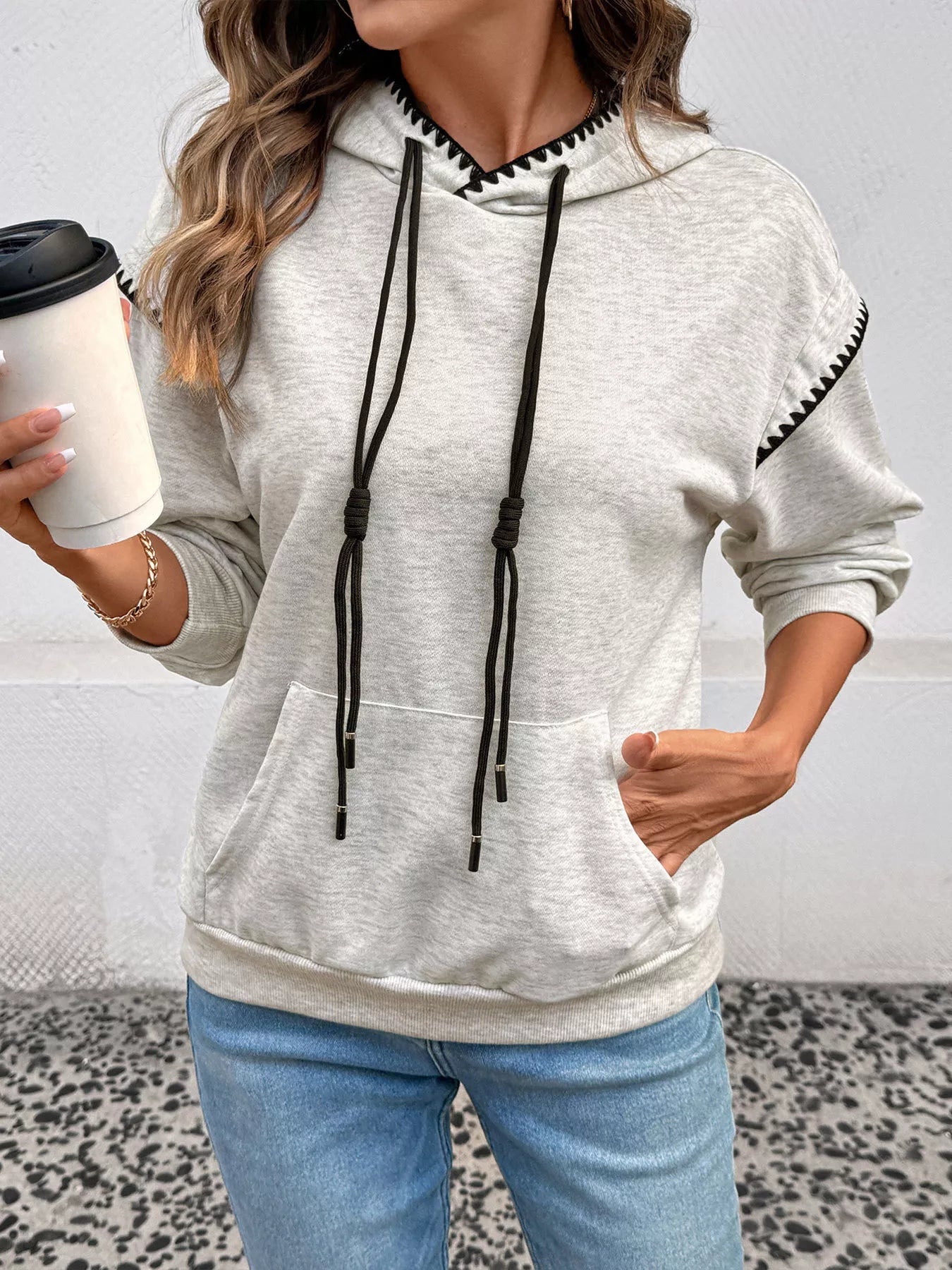 Contrast Trim Drawstring Hoodie with Kangaroo Pocket designed for comfort and style at Lookzlike