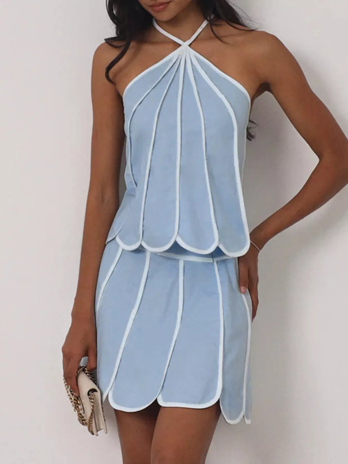 Contrast Trim Halter Neck Top and Skirt Set designed for comfort and style at Lookzlike