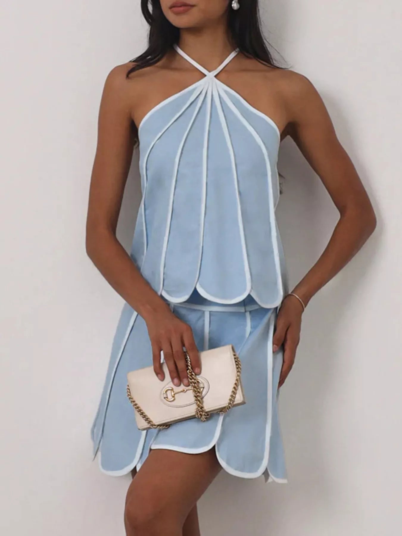 Contrast Trim Halter Neck Top and Skirt Set designed for comfort and style at Lookzlike