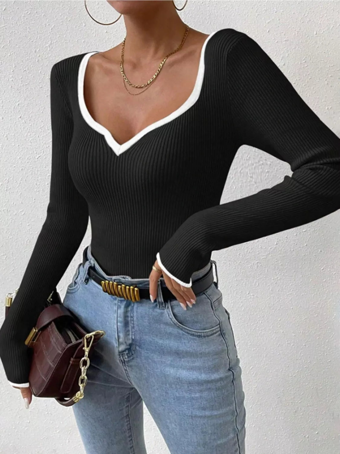 Contrast Trim Long Sleeve Knit Top designed for comfort and style at Lookzlike