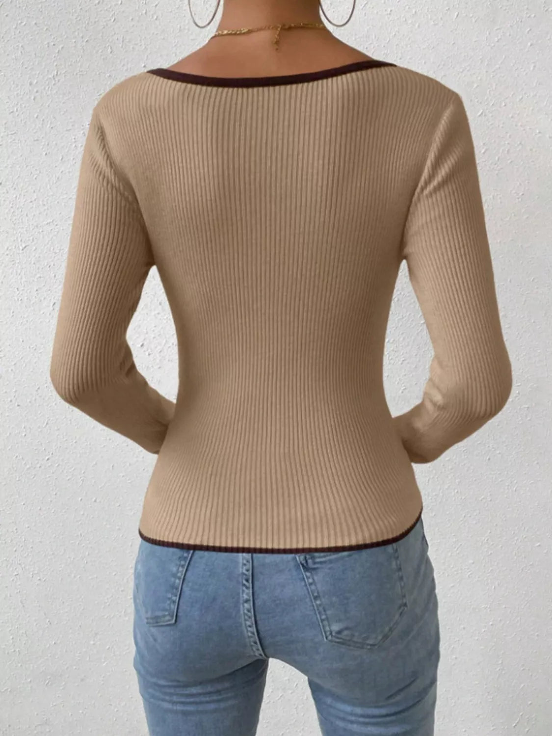 Contrast Trim Long Sleeve Knit Top designed for comfort and style at Lookzlike