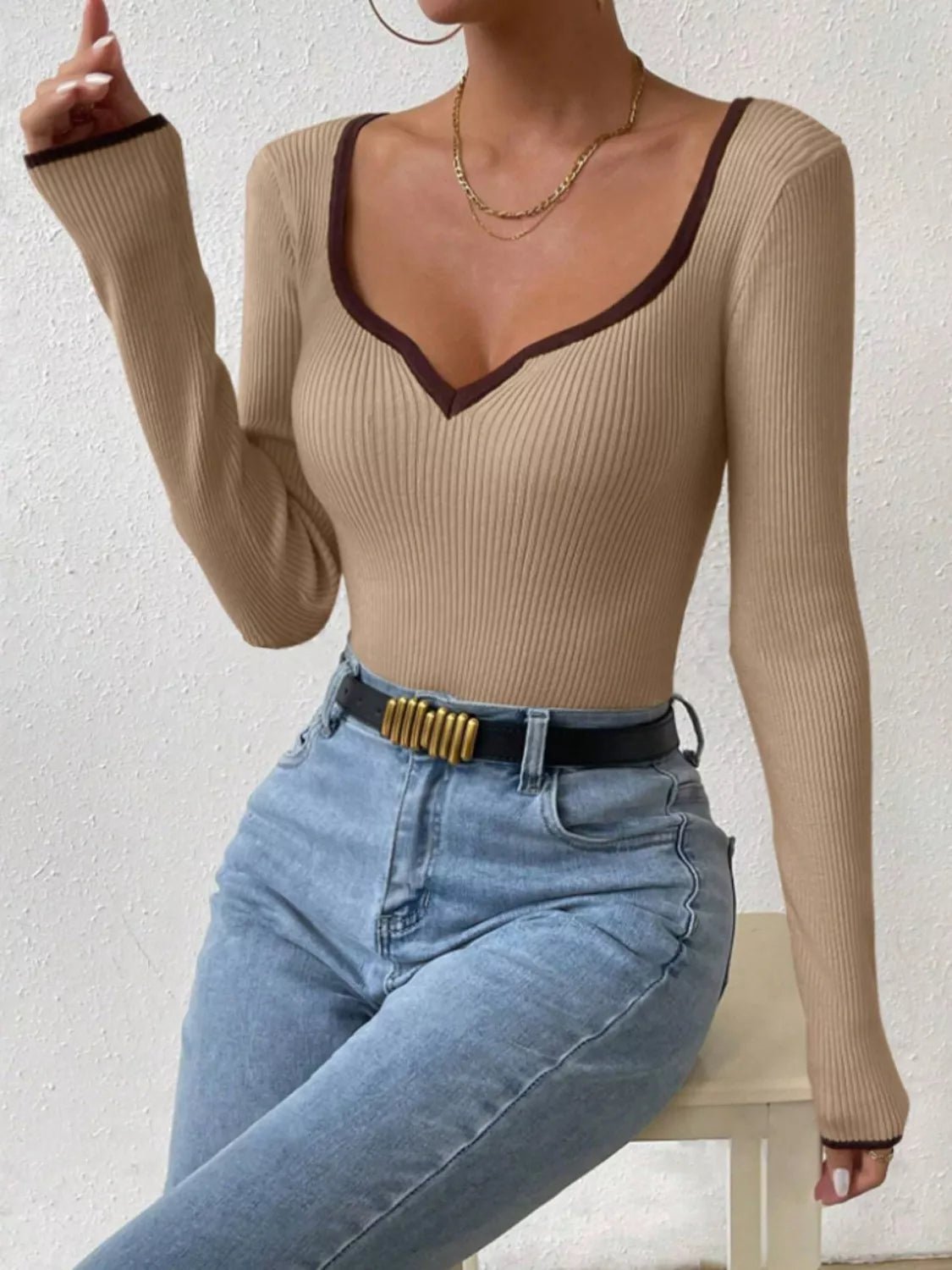 Contrast Trim Long Sleeve Knit Top designed for comfort and style at Lookzlike