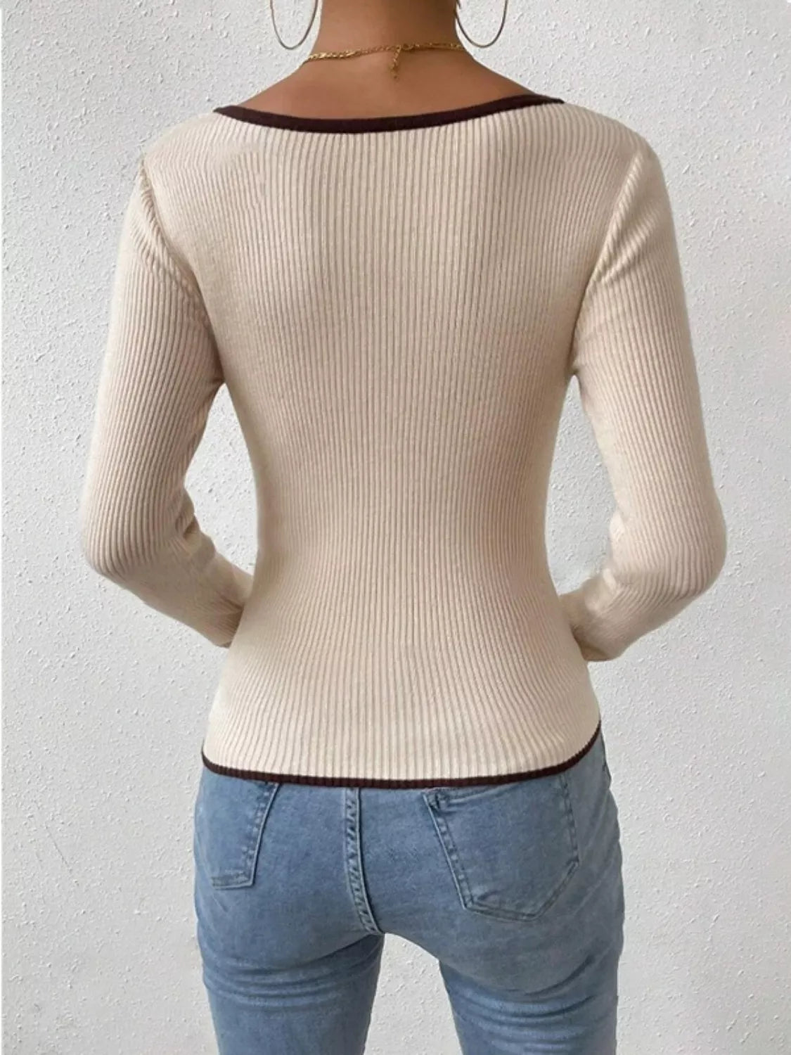 Contrast Trim Long Sleeve Knit Top designed for comfort and style at Lookzlike
