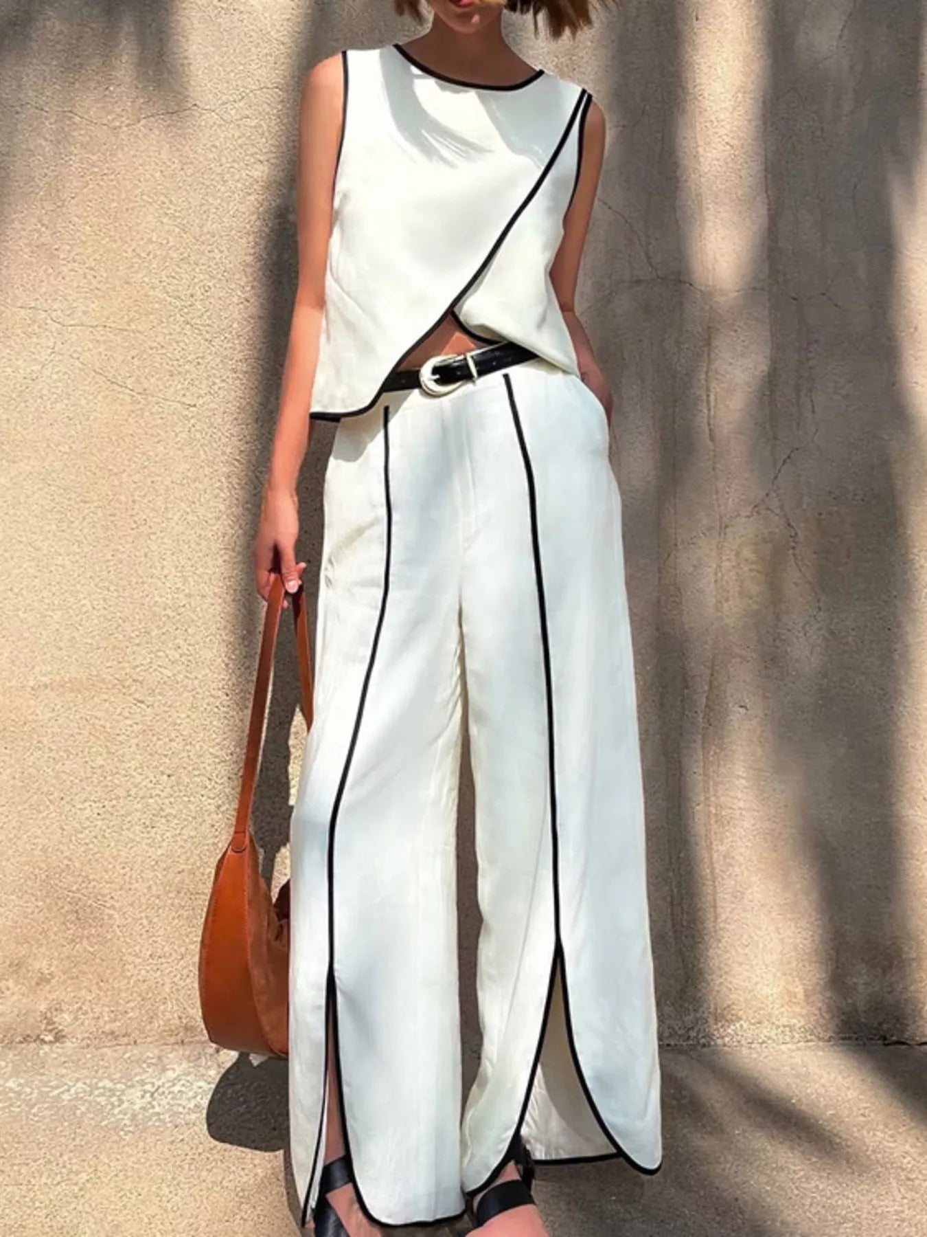 Contrast Trim Sleeveless Top and Wide-Leg Pants Set designed for comfort and style at Lookzlike