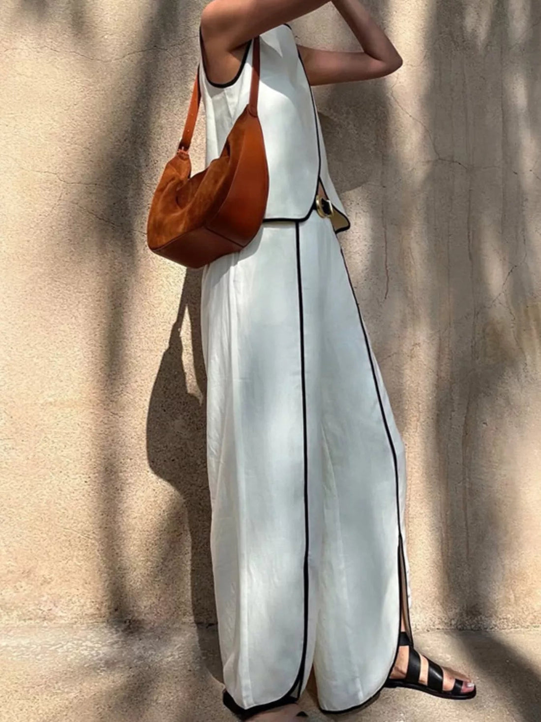 Contrast Trim Sleeveless Top and Wide-Leg Pants Set designed for comfort and style at Lookzlike