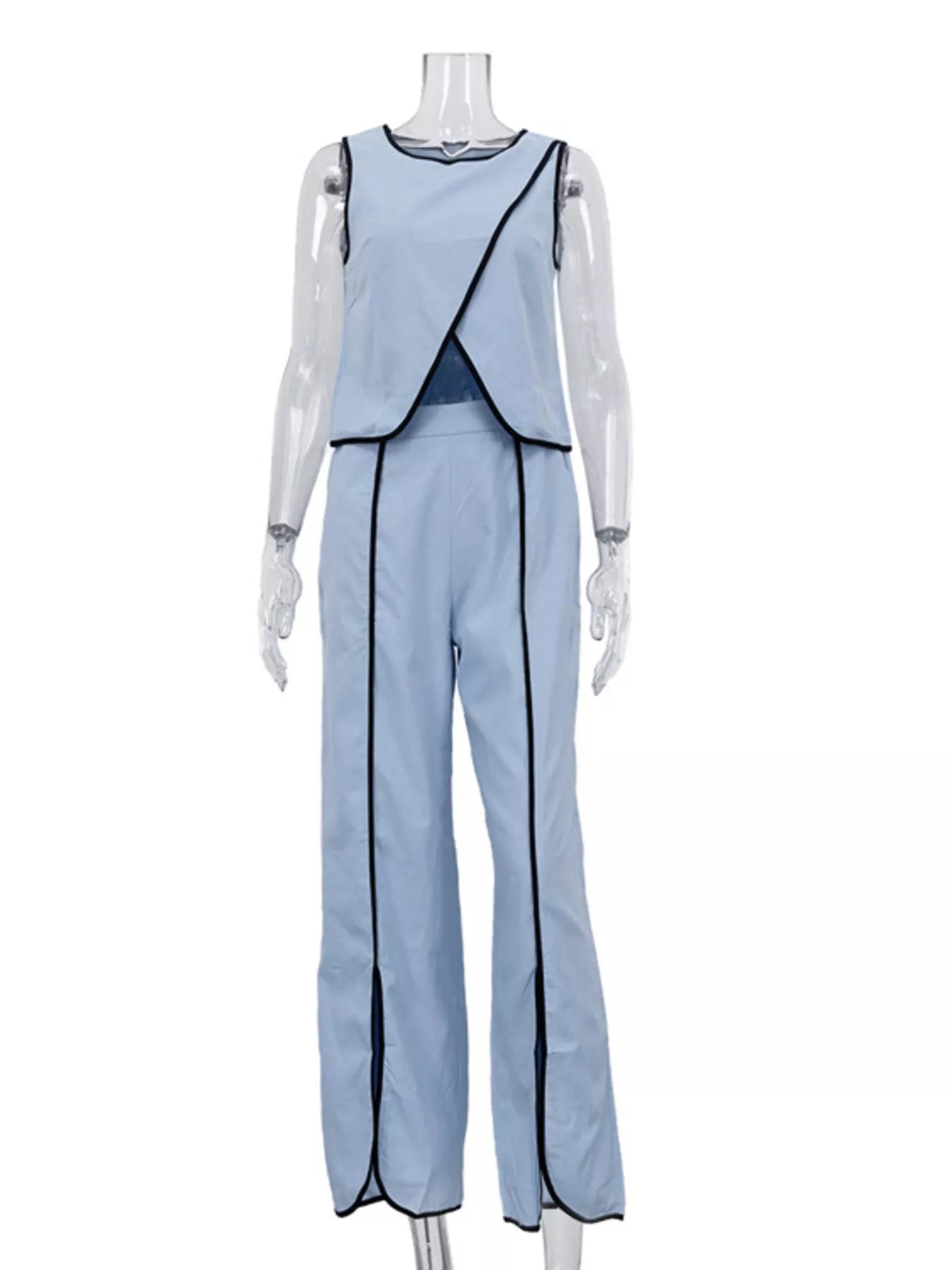 Contrast Trim Sleeveless Top and Wide-Leg Pants Set designed for comfort and style at Lookzlike