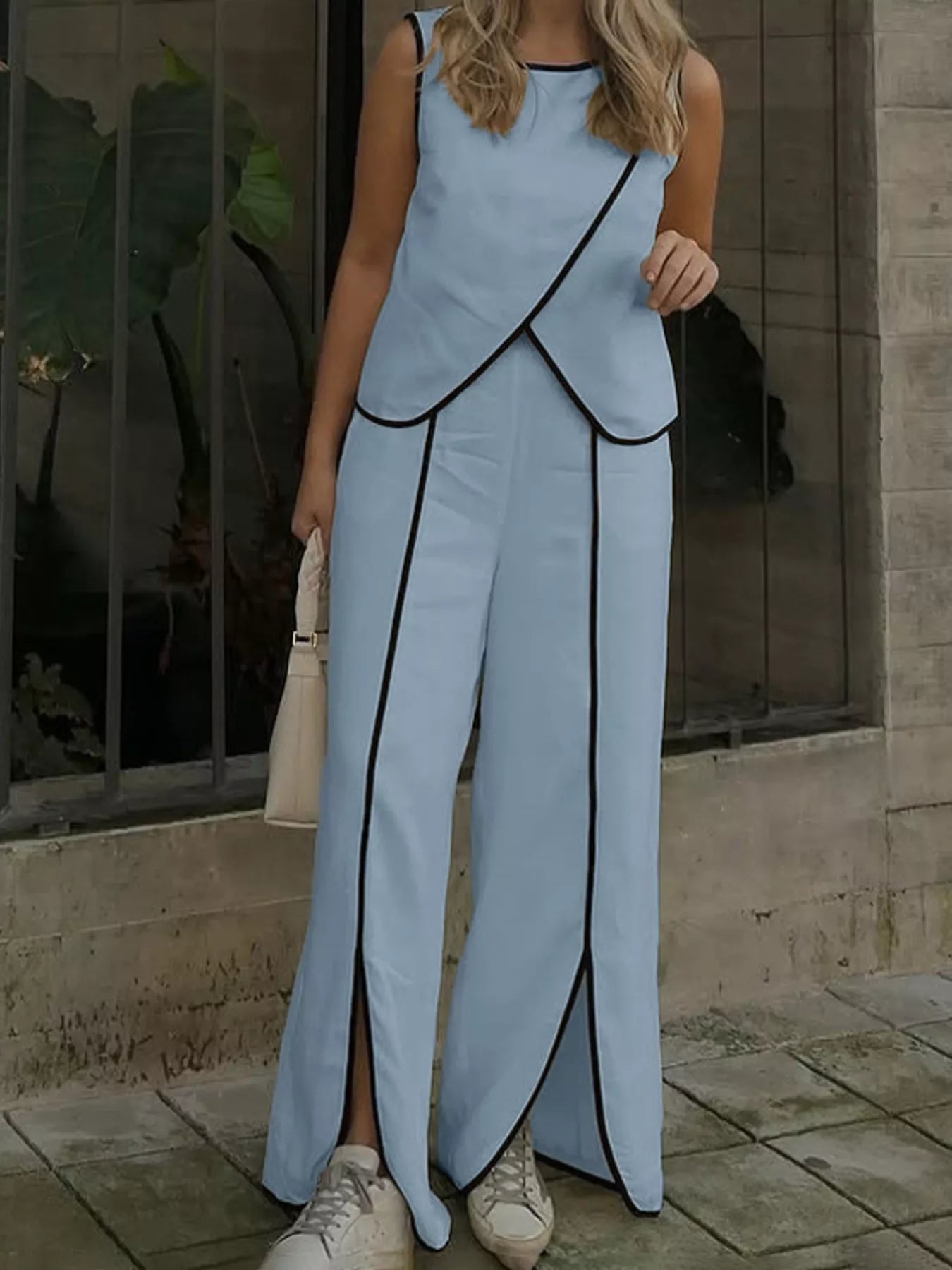 Contrast Trim Sleeveless Top and Wide-Leg Pants Set designed for comfort and style at Lookzlike