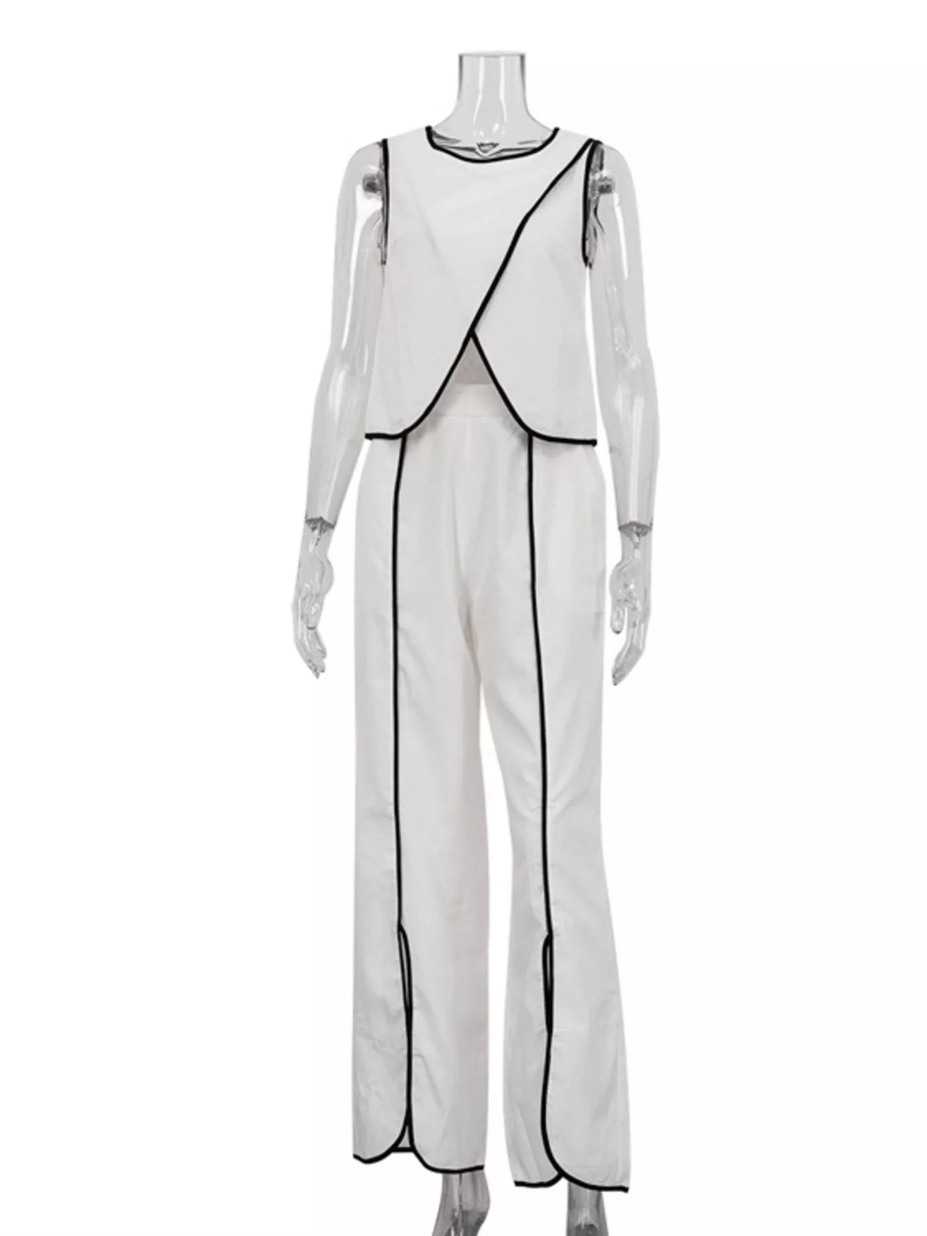 Contrast Trim Sleeveless Top and Wide-Leg Pants Set designed for comfort and style at Lookzlike