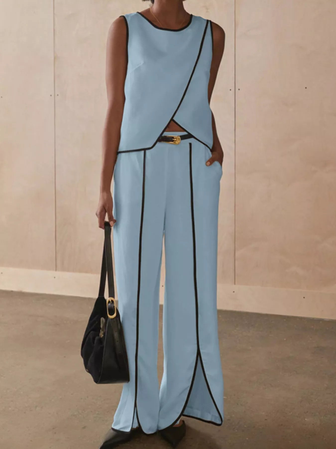Contrast Trim Sleeveless Top and Wide-Leg Pants Set designed for comfort and style at Lookzlike