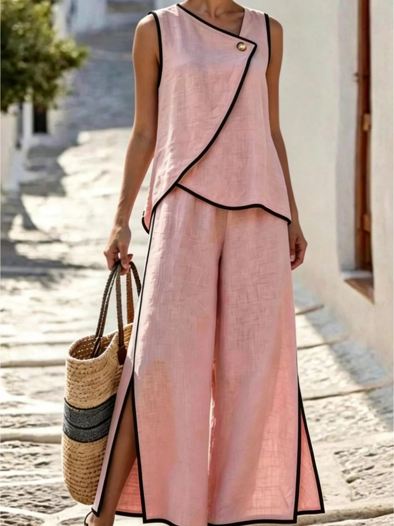 Contrast Trim Top and Slit Pants Set designed for comfort and style at Lookzlike