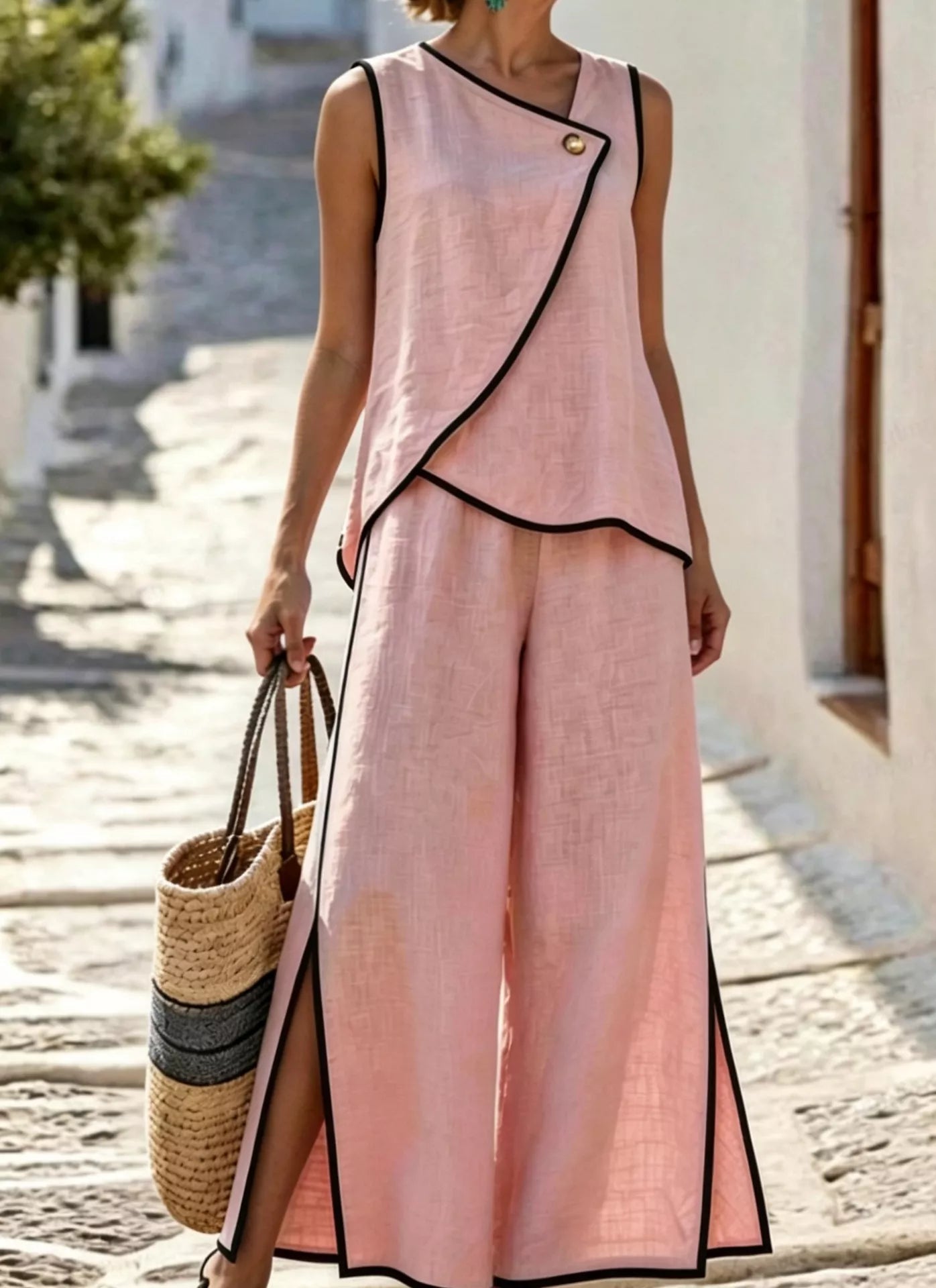 Contrast Trim Top and Slit Pants Set designed for comfort and style at Lookzlike