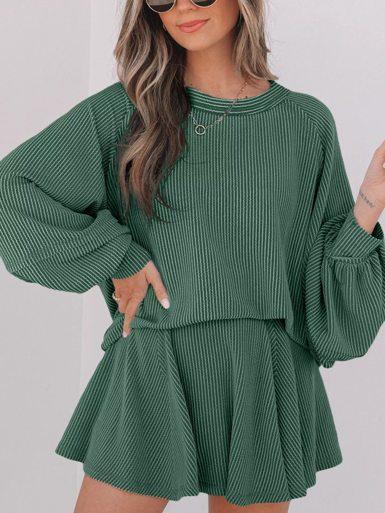 Corded Lantern Sleeve Top and High Waist Mini Skirt Set designed for comfort and style at Lookzlike