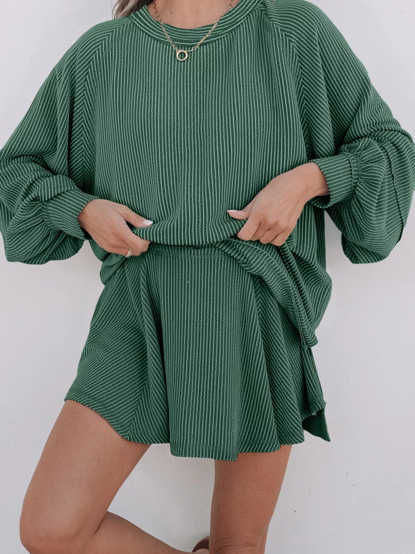 Corded Lantern Sleeve Top and High Waist Mini Skirt Set designed for comfort and style at Lookzlike