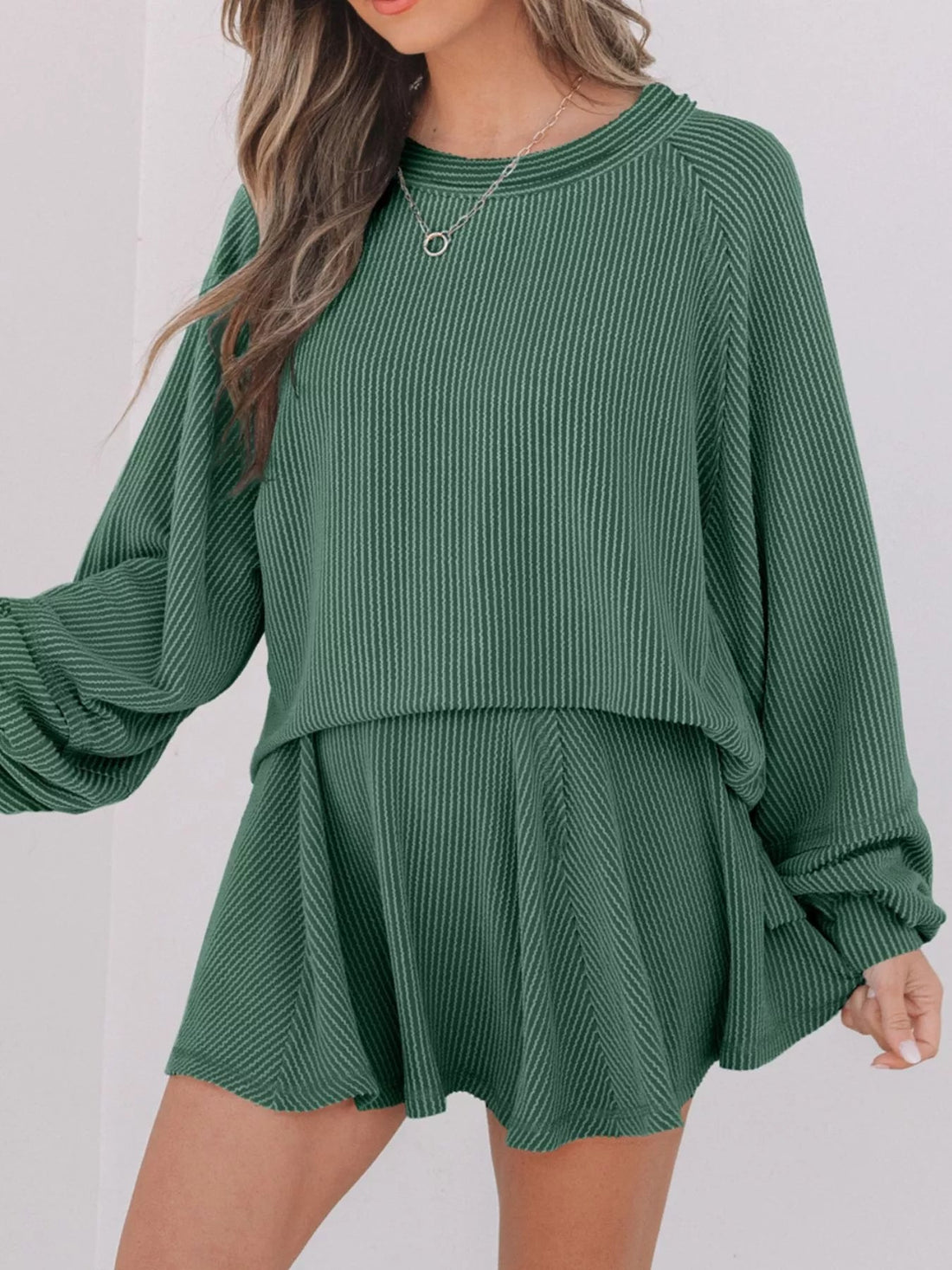 Corded Lantern Sleeve Top and High Waist Mini Skirt Set designed for comfort and style at Lookzlike