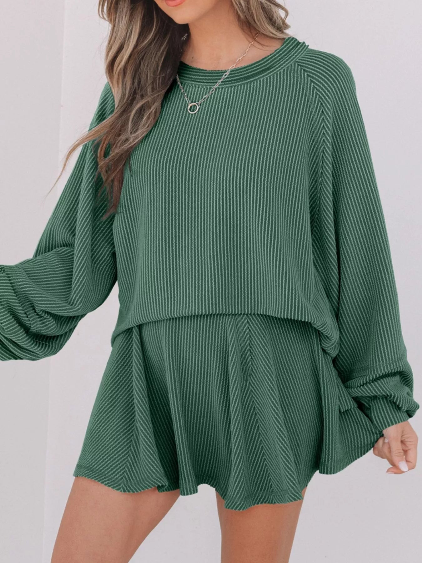 Corded Lantern Sleeve Top and High Waist Mini Skirt Set designed for comfort and style at Lookzlike