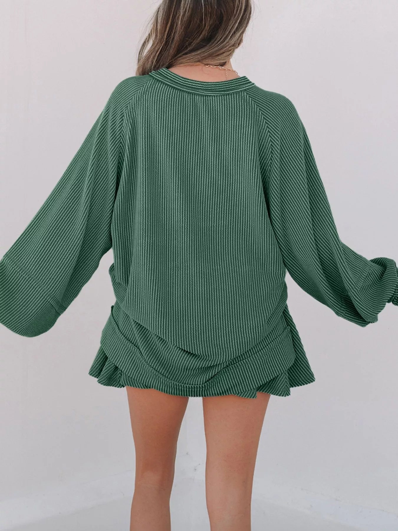 Corded Lantern Sleeve Top and High Waist Mini Skirt Set designed for comfort and style at Lookzlike