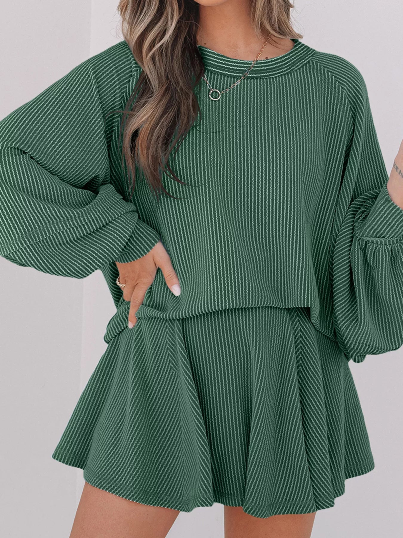 Corded Lantern Sleeve Top and High Waist Mini Skirt Set designed for comfort and style at Lookzlike
