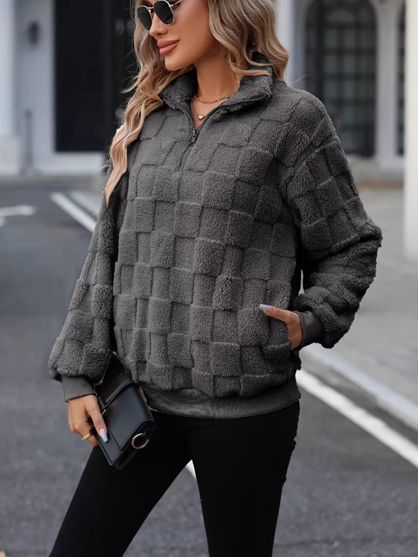 Cozy Checkered Fleece Quarter Zip Sweatshirt designed for comfort and style at Lookzlike