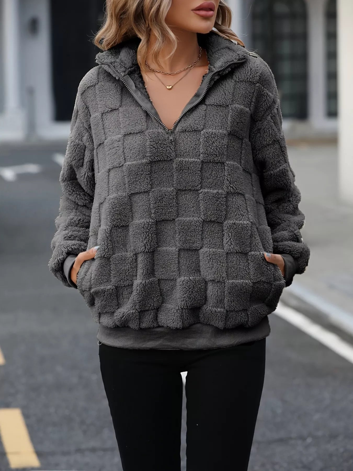 Cozy Checkered Fleece Quarter Zip Sweatshirt designed for comfort and style at Lookzlike