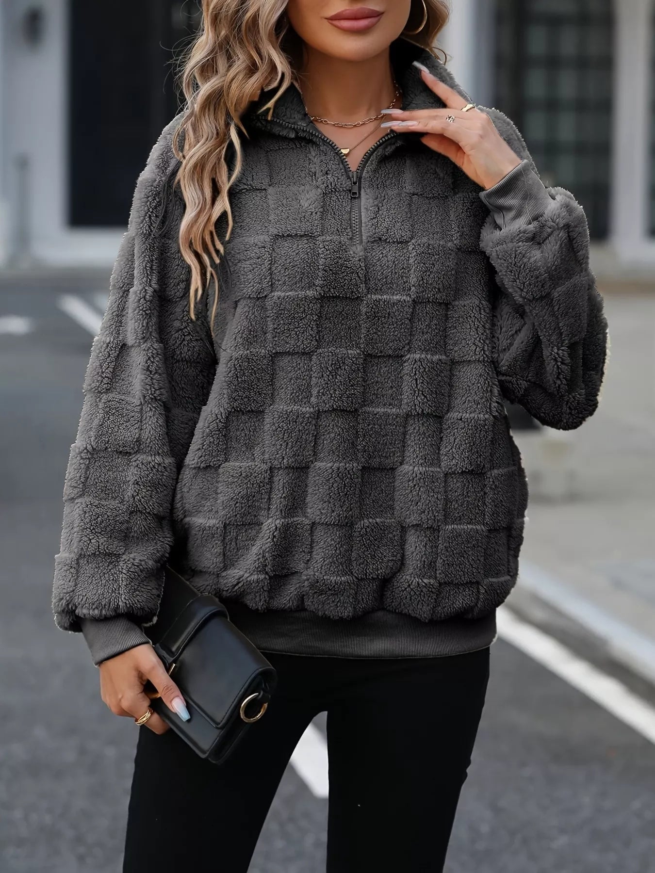 Cozy Checkered Fleece Quarter Zip Sweatshirt designed for comfort and style at Lookzlike