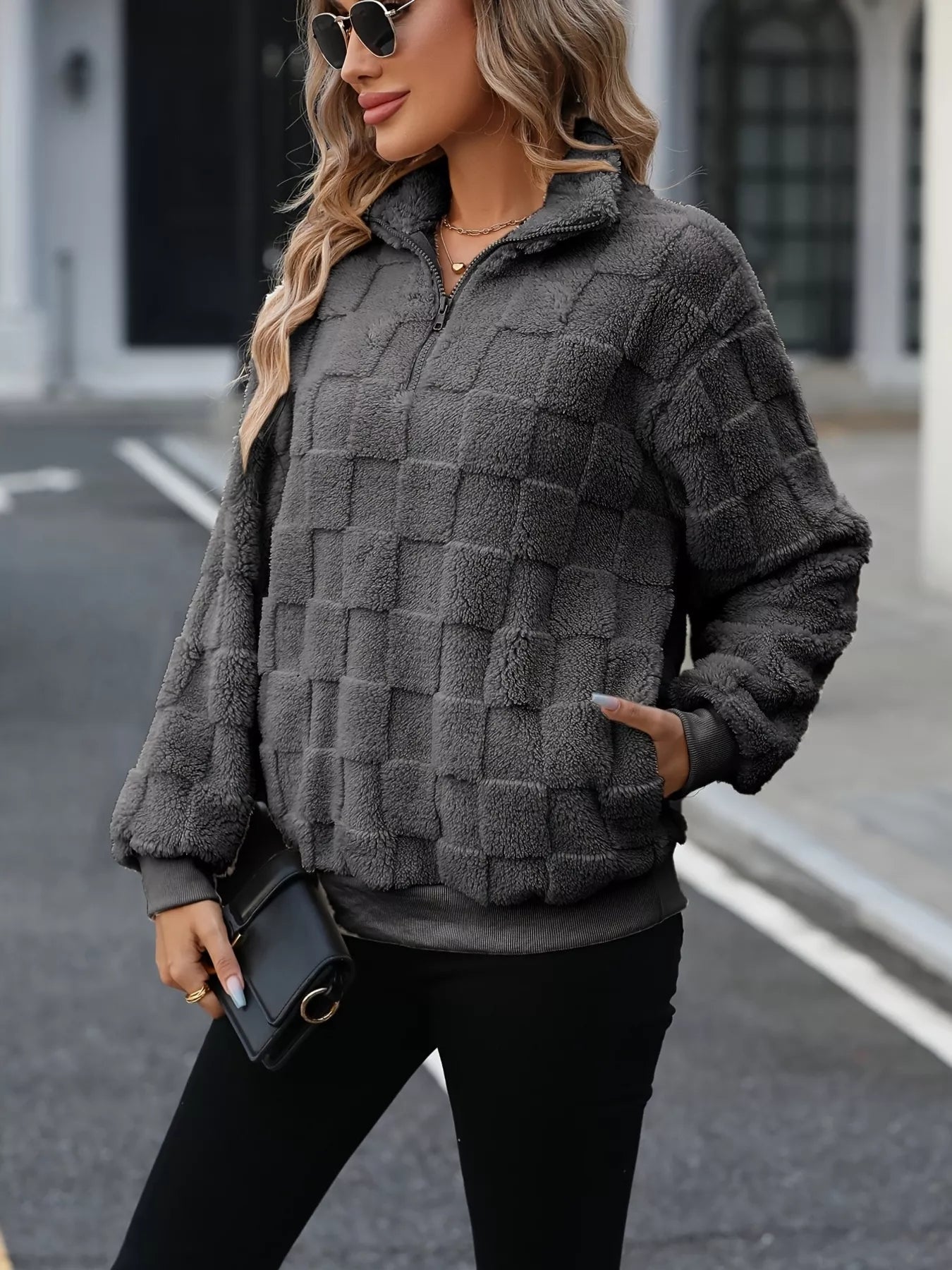 Cozy Checkered Fleece Quarter Zip Sweatshirt designed for comfort and style at Lookzlike