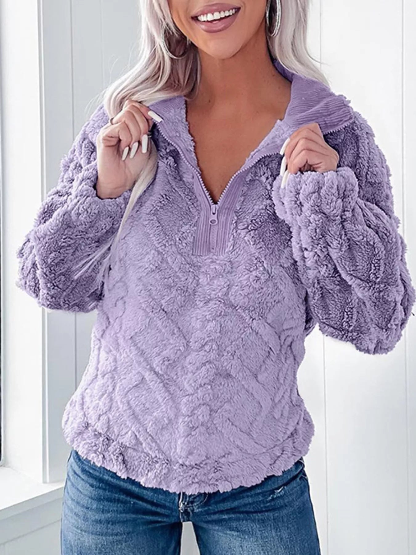Cozy Fleece Quarter Zip Sweatshirt designed for comfort and style at Lookzlike