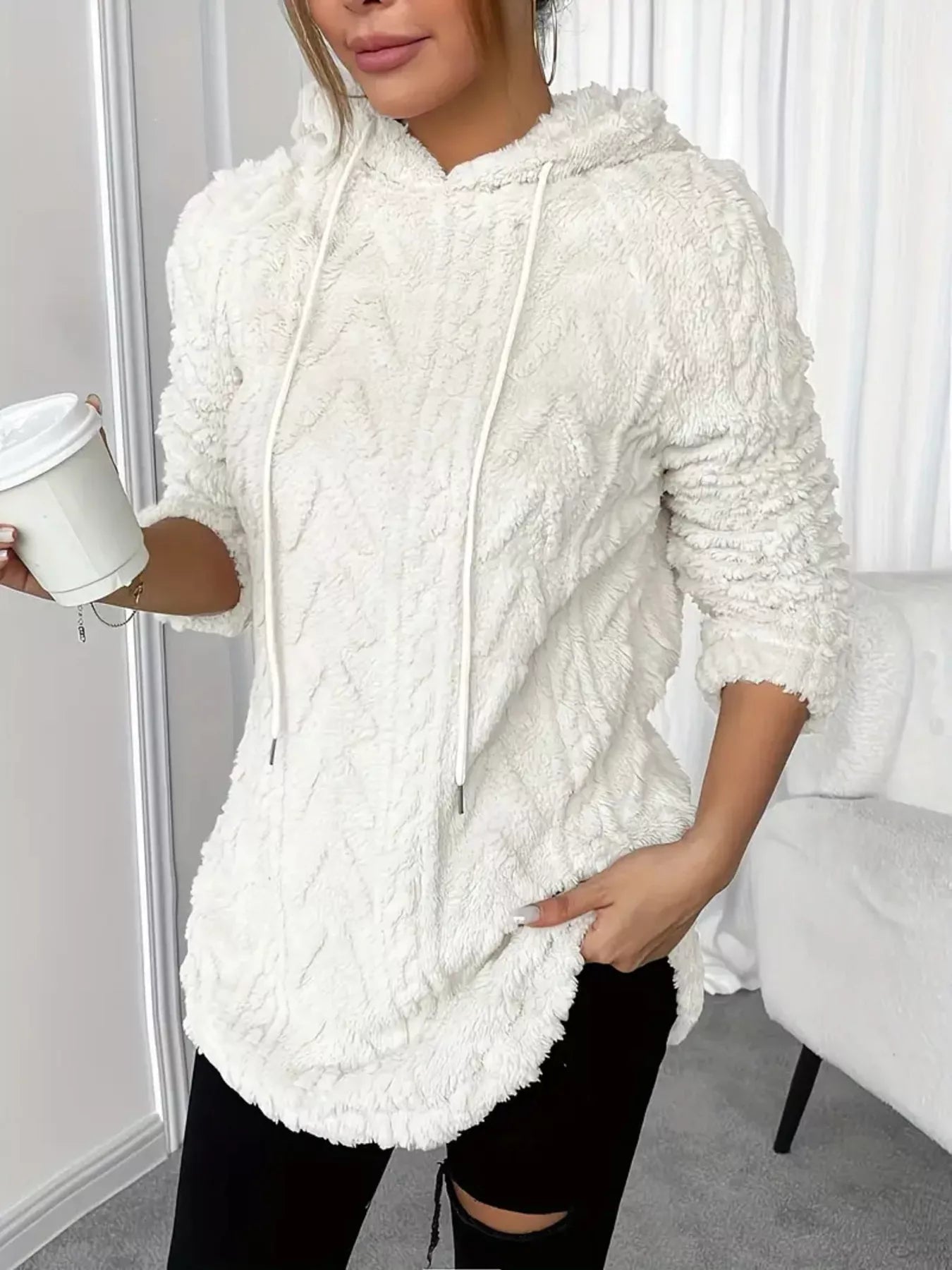 Cozy Textured Drawstring Fleece Hoodie designed for comfort and style at Lookzlike