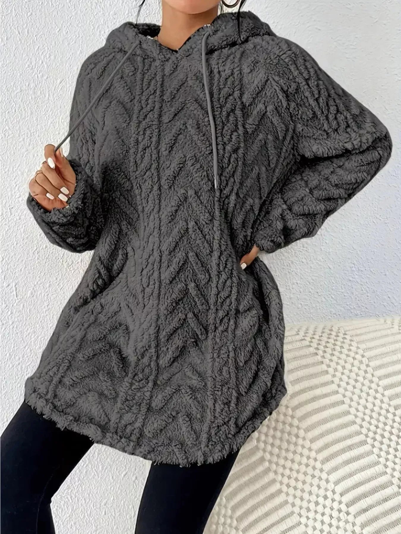 Cozy Textured Drawstring Fleece Hoodie designed for comfort and style at Lookzlike