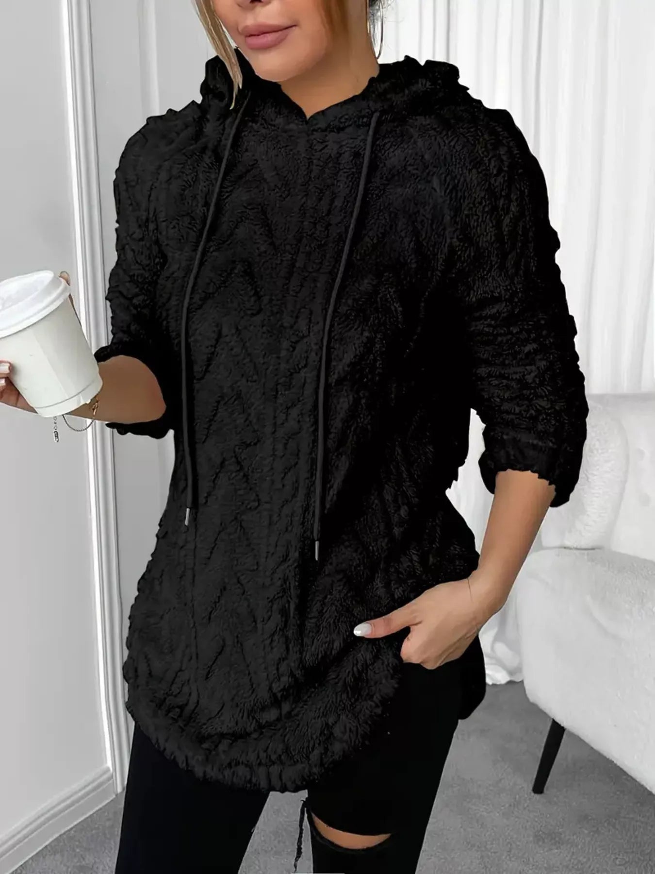 Cozy Textured Drawstring Fleece Hoodie designed for comfort and style at Lookzlike