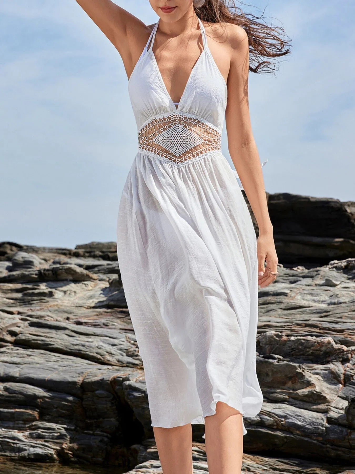 Crochet Waist Halter Sleeveless Cover-Up Dress - Lookzlike