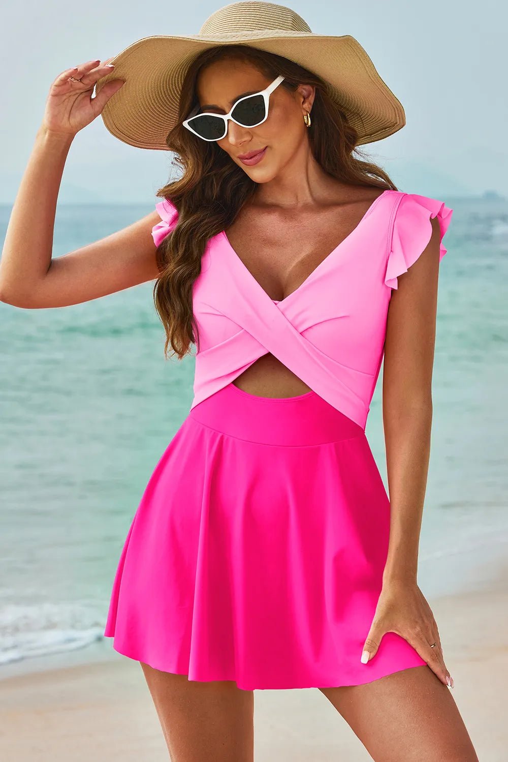 Cutout V - Neck Cap Sleeve One - Piece Swimwear designed for comfort and style at Lookzlike