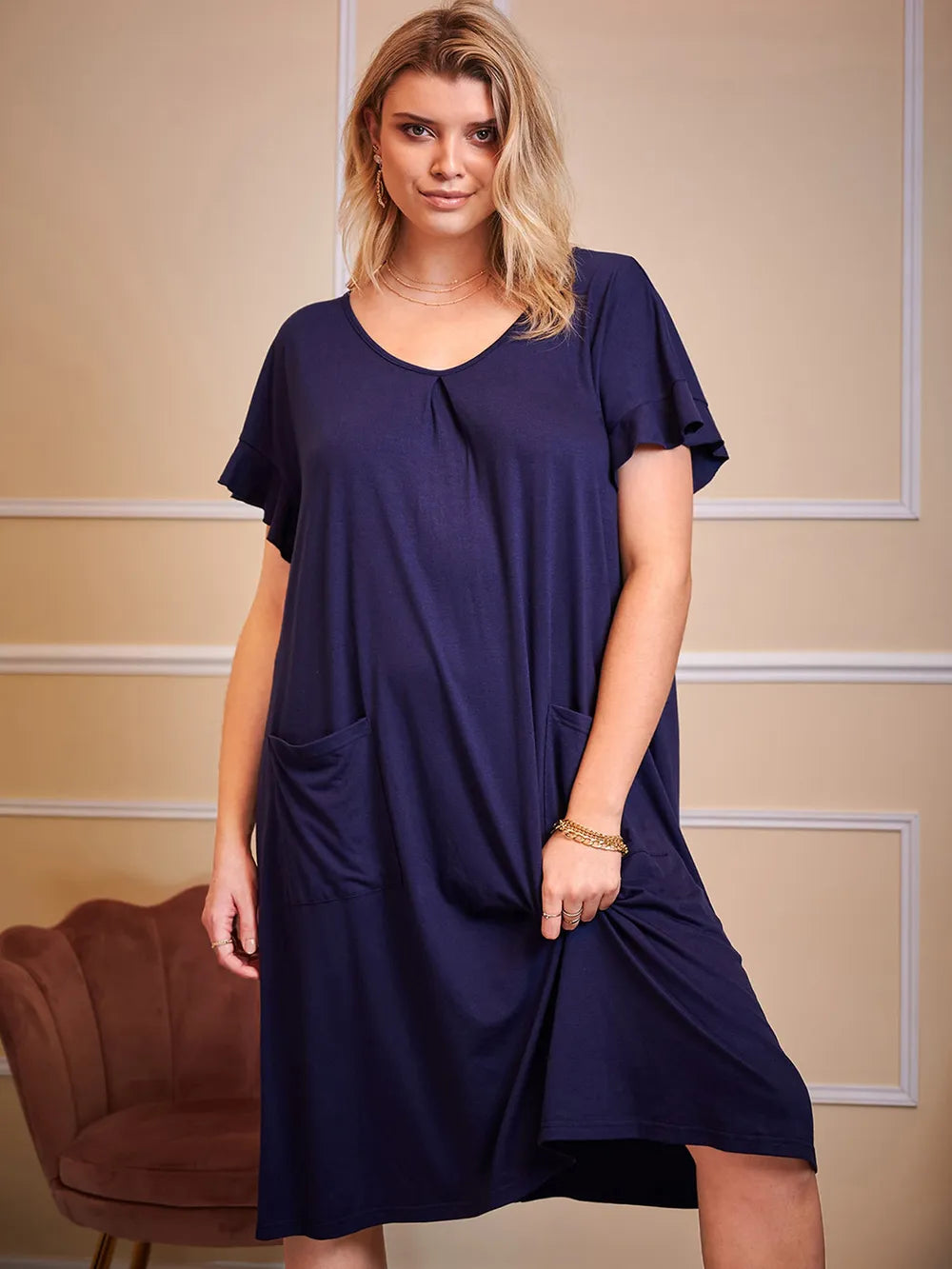 Plus Size Round Neck Short Sleeve Lounge Dress - Lookzlike