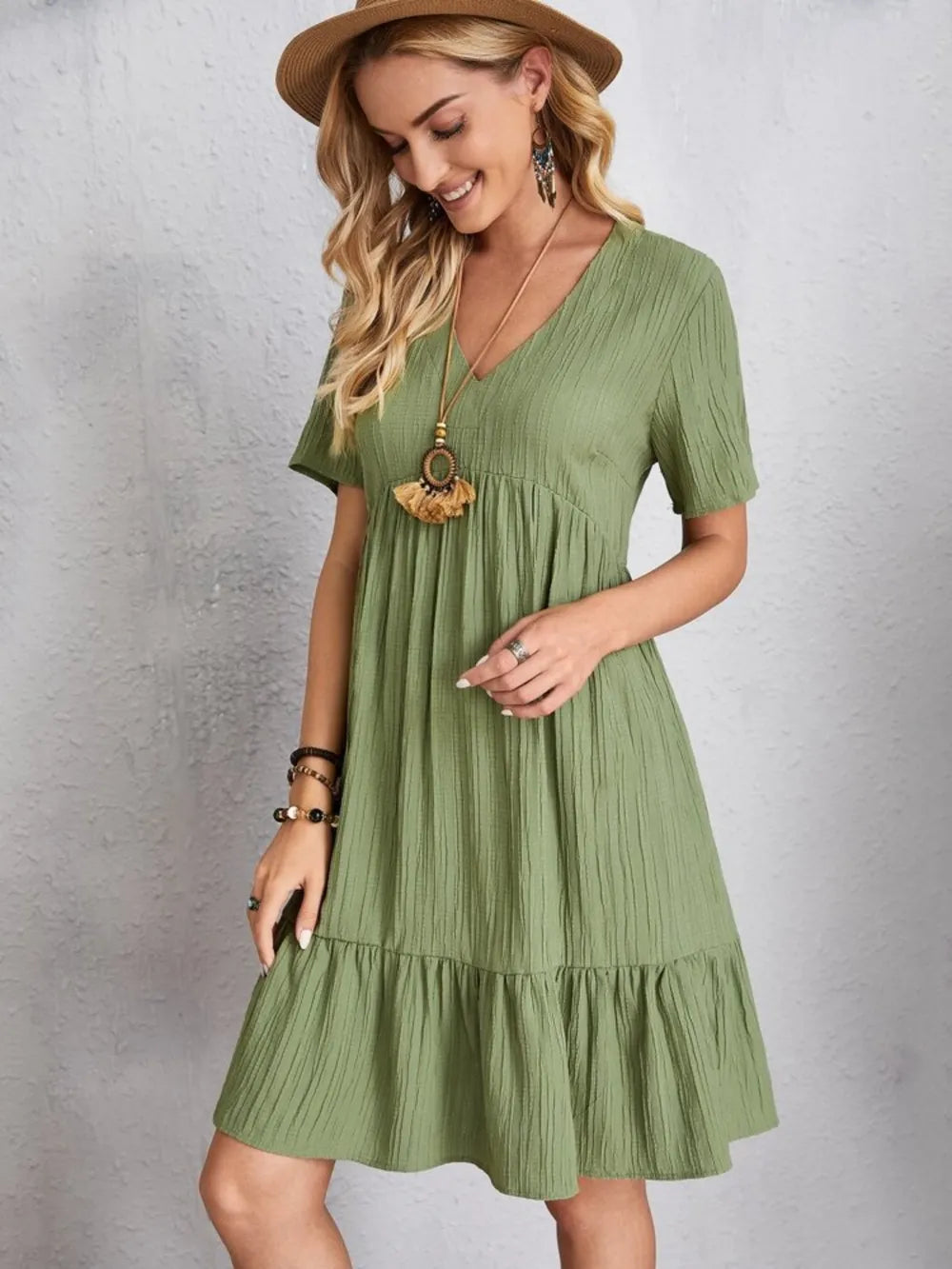 Full Size V-Neck Short Sleeve Dress - Lookzlike