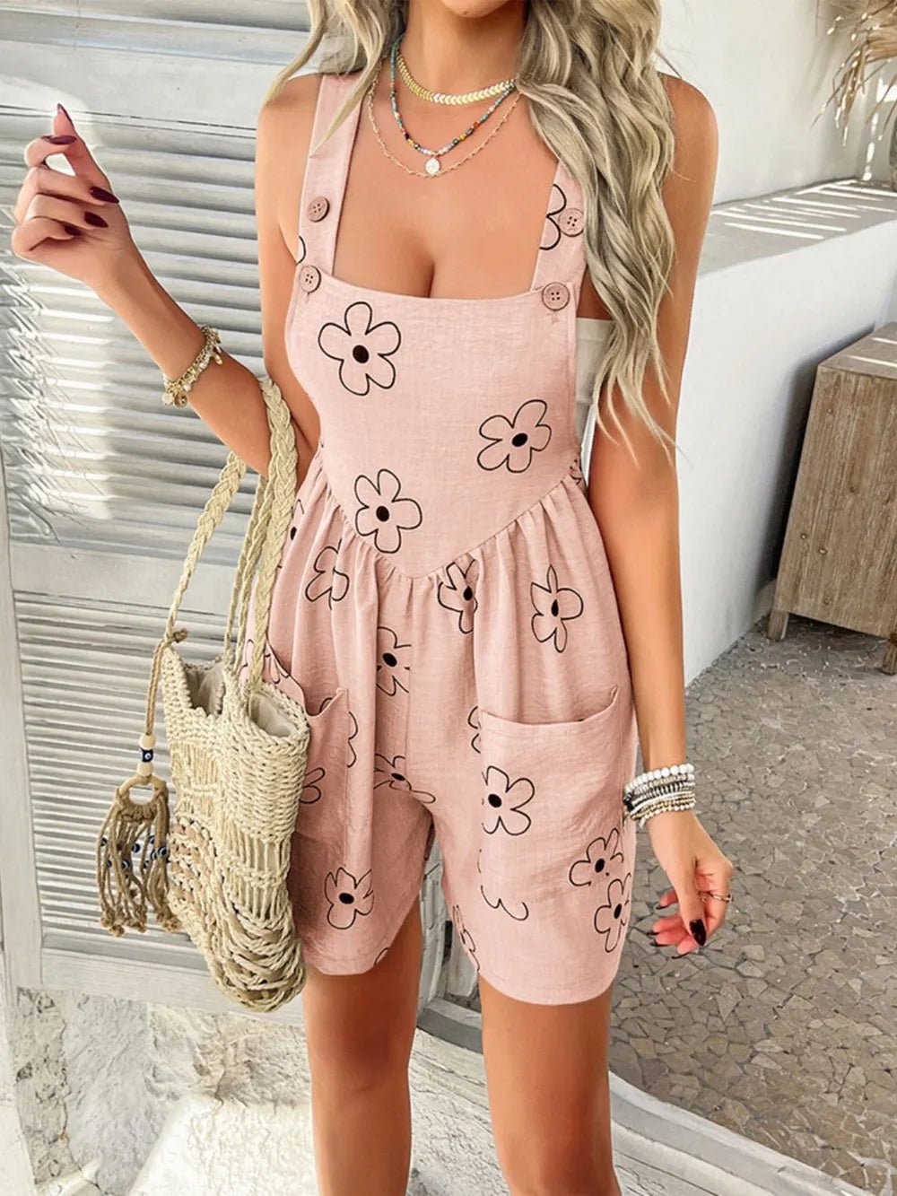 Devine Flower Wide Strap Overalls with Pockets - Lookzlike