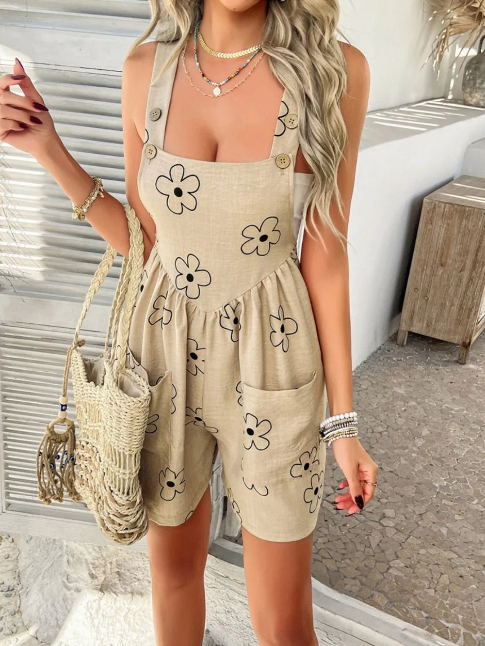 Devine Flower Wide Strap Overalls with Pockets - Lookzlike
