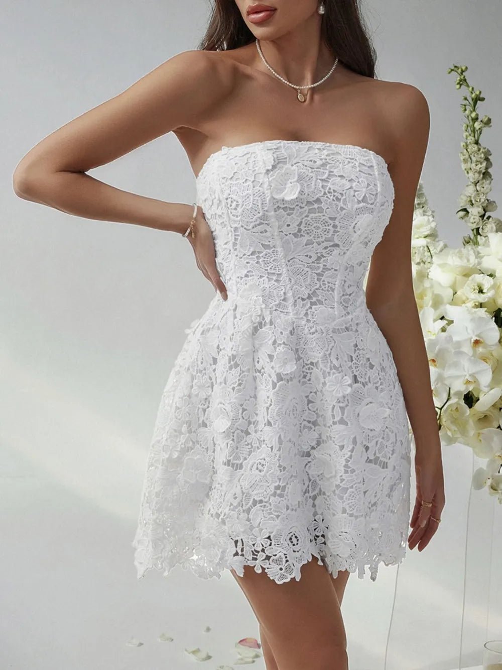 Devine Lace-Up Tube Lace Mini Dress - Lookzlike