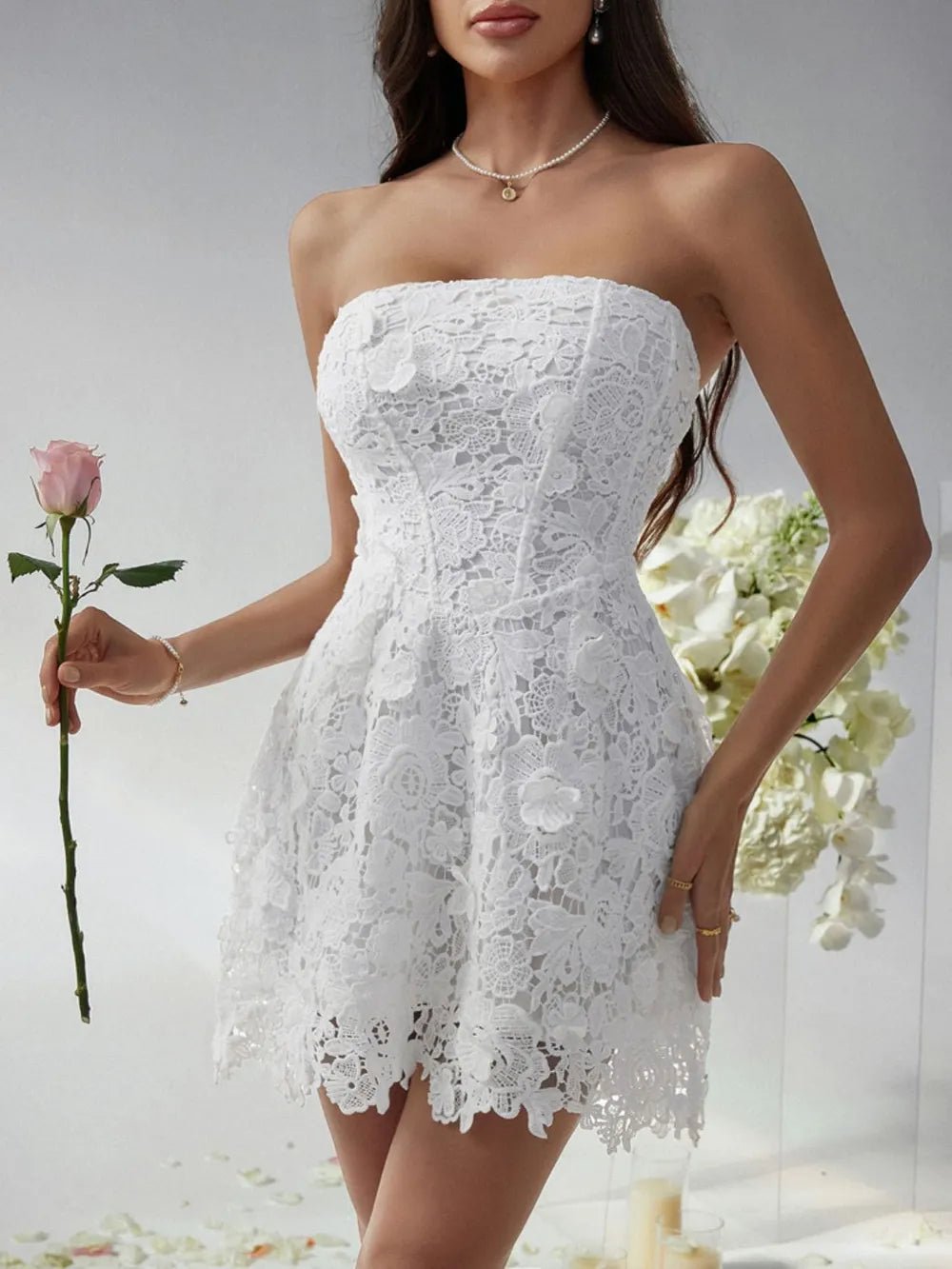 Devine Lace-Up Tube Lace Mini Dress - Lookzlike