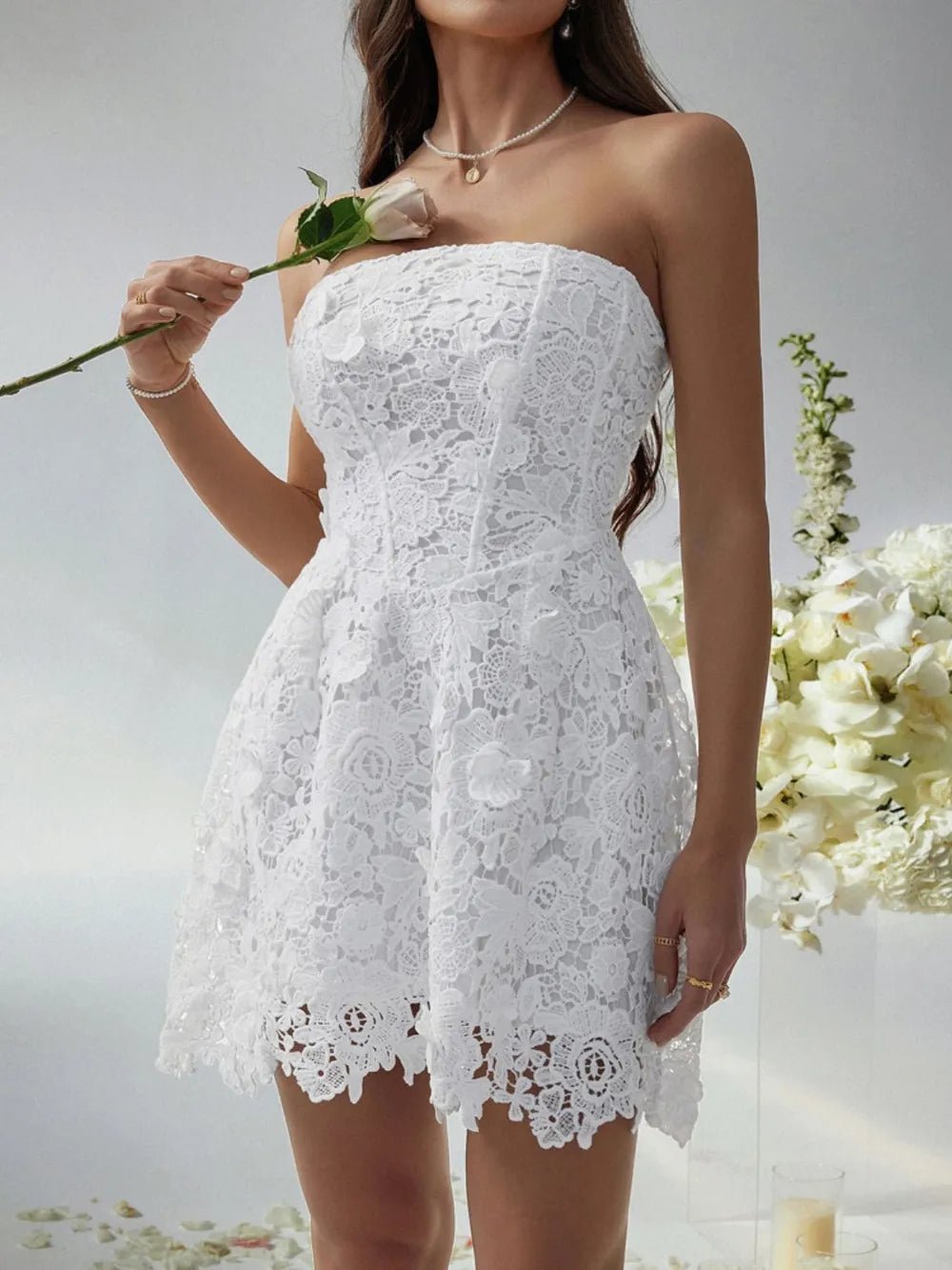Devine Lace-Up Tube Lace Mini Dress - Lookzlike