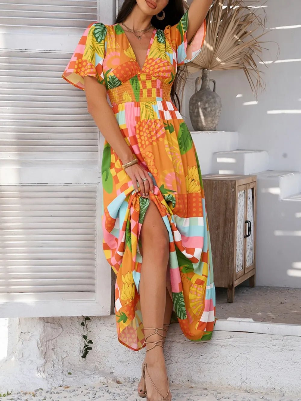 Devine Smocked Printed V-Neck Short Sleeve Maxi Dress - Lookzlike